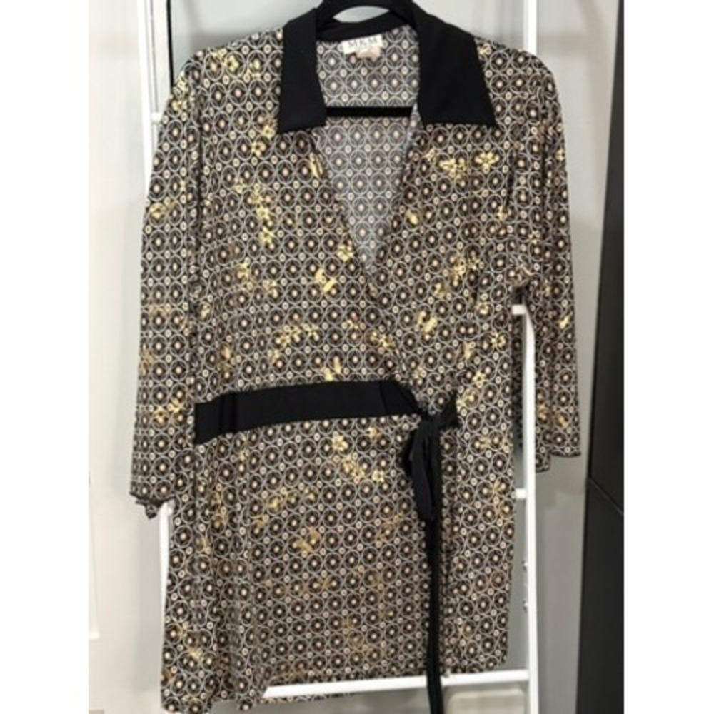 Vintage MKM Designs Women 2X Wrap Tunic Top Geometric Gold Floral Foil Black Y2K
